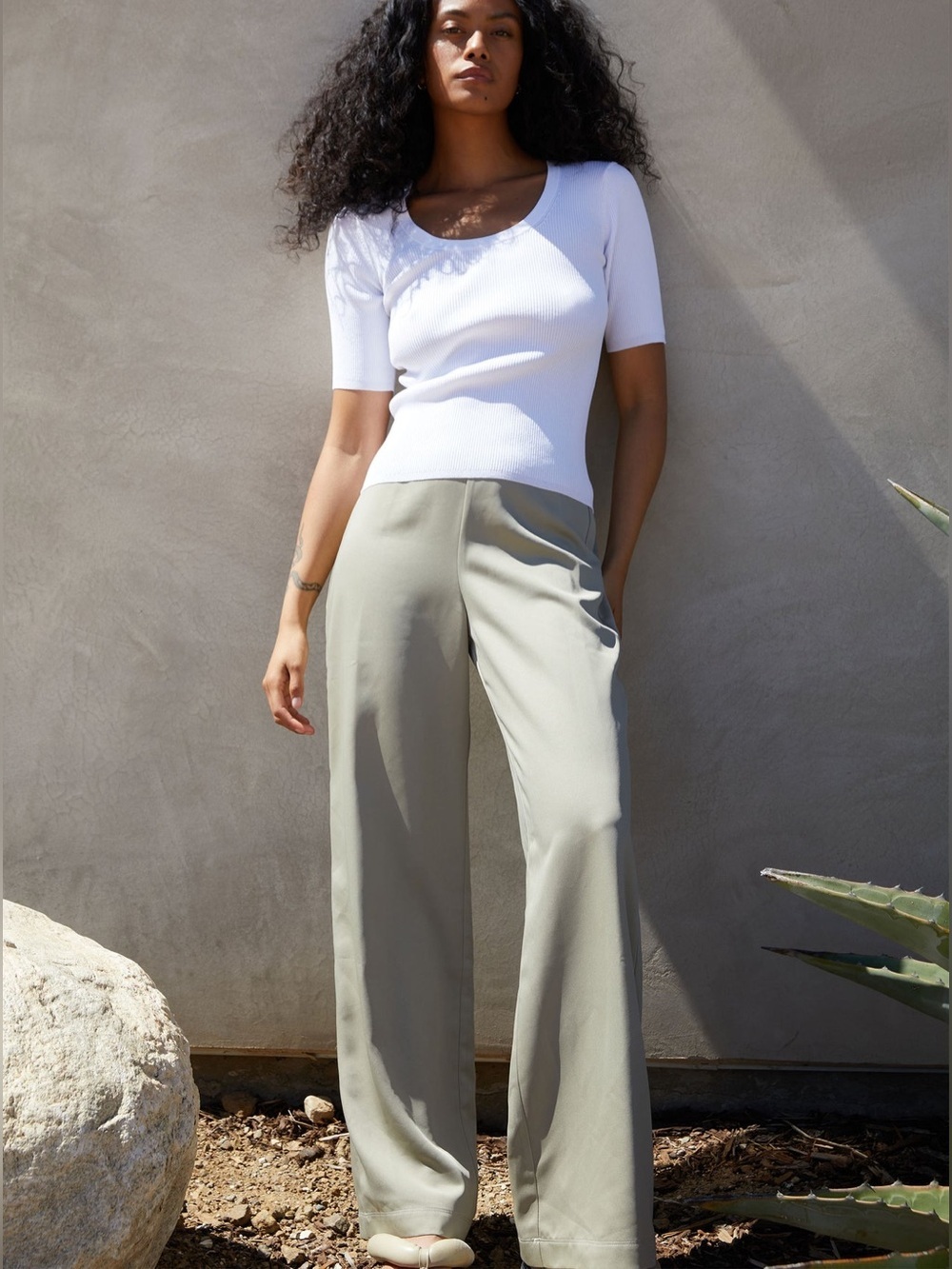 New Oak + Fort Satin Crepe Wide Leg Trouser Pants Size Large Sage Green